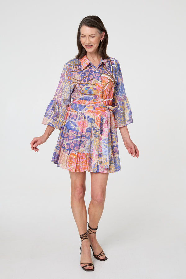 Orange | Printed Sparkly Tie Waist Short Dress