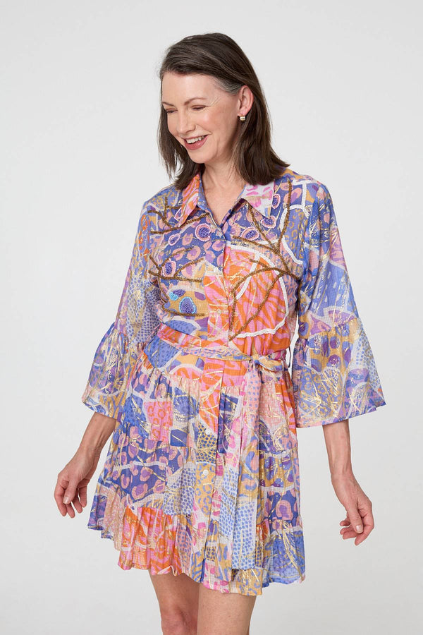 Orange | Printed Sparkly Tie Waist Short Dress