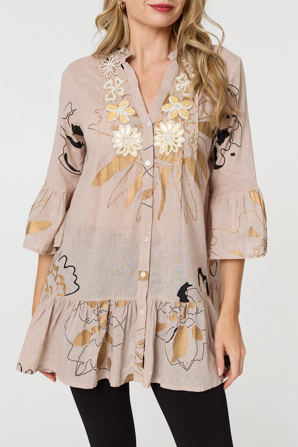 Pink | Floral Lace 3/4 Sleeve Frill Short Dress