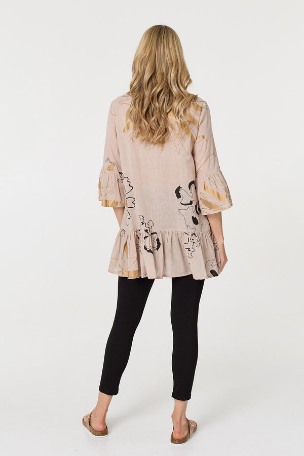 Pink | Floral Lace 3/4 Sleeve Frill Short Dress