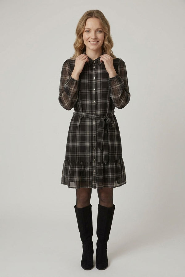 Black | Checked Long Sleeve Short Shirt Dress