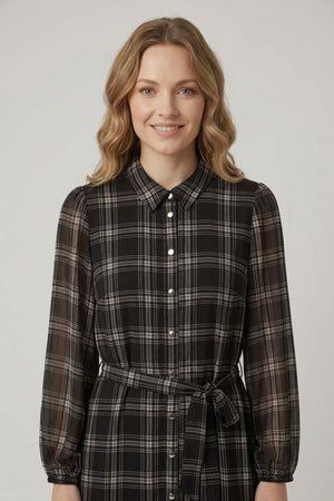 Black | Checked Long Sleeve Short Shirt Dress