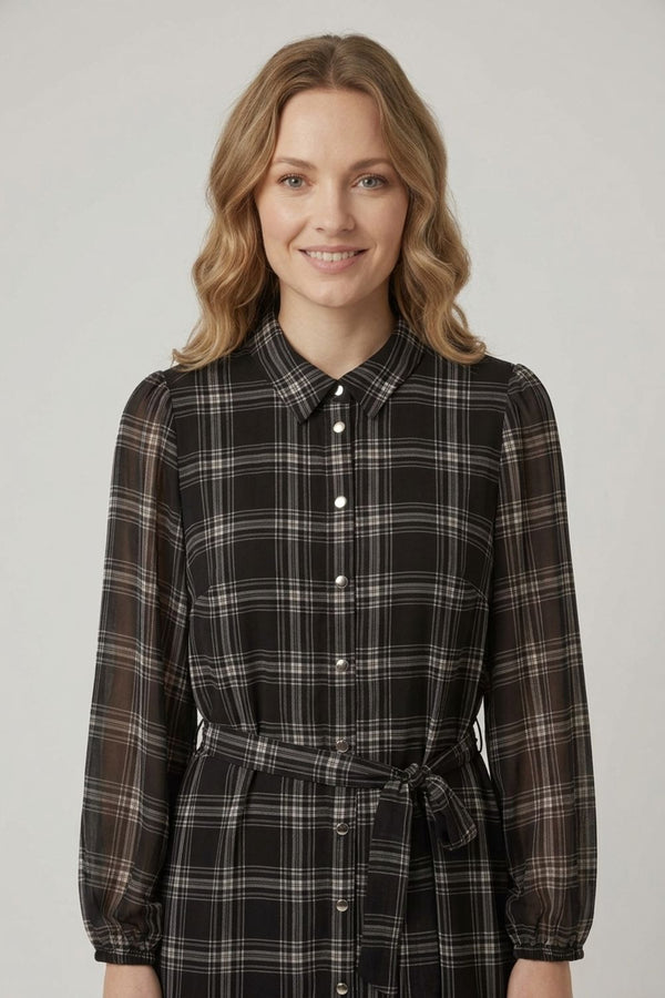 Black | Checked Long Sleeve Short Shirt Dress