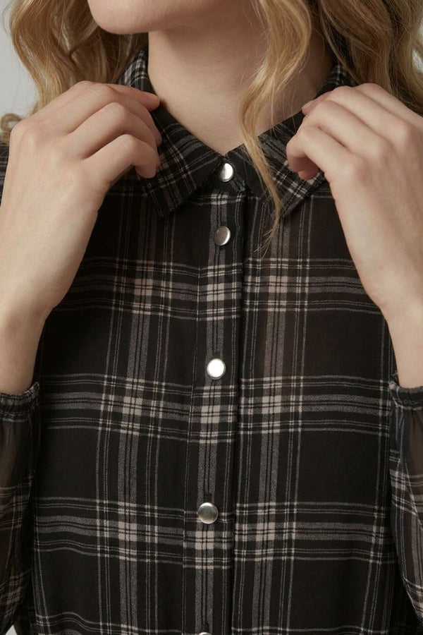 Black | Checked Long Sleeve Short Shirt Dress