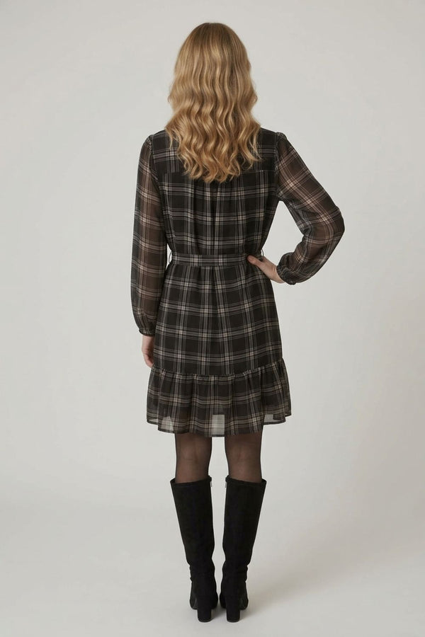 Black | Checked Long Sleeve Short Shirt Dress
