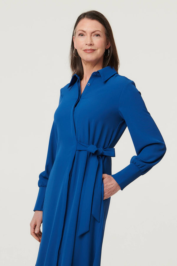 Blue | Tie Waist Long Sleeve Midi Shirt Dress