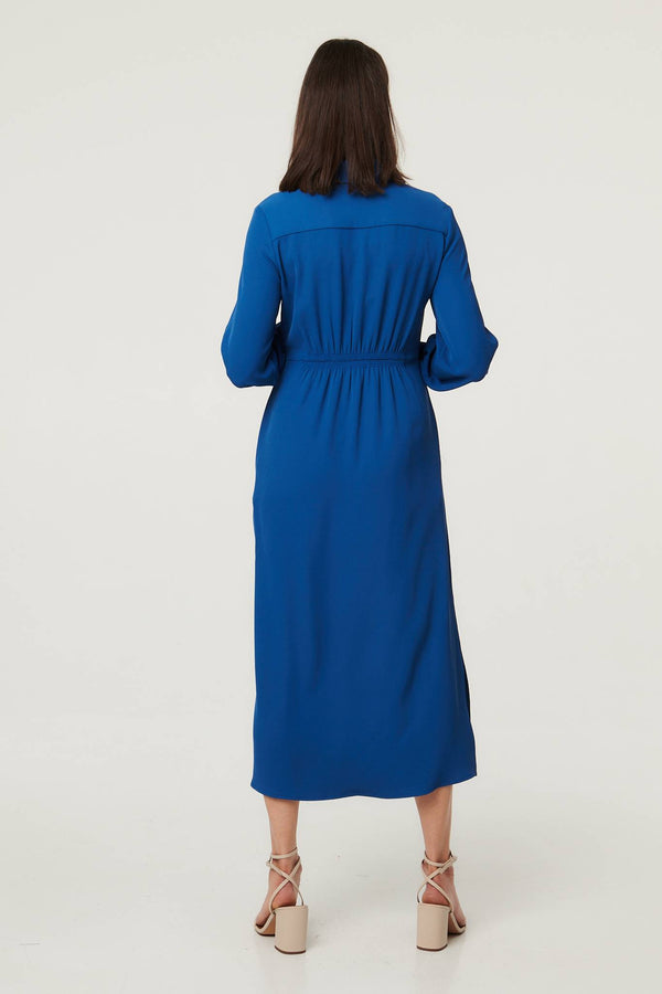 Blue | Tie Waist Long Sleeve Midi Shirt Dress