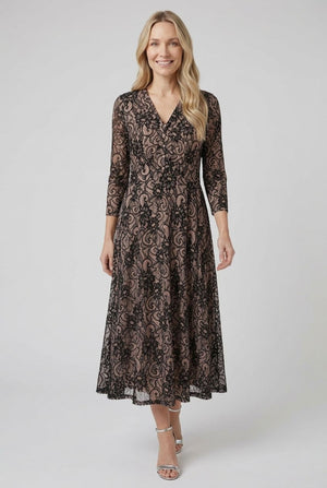 Beige | Floral Texture 3/4 Sleeve Midi Dress