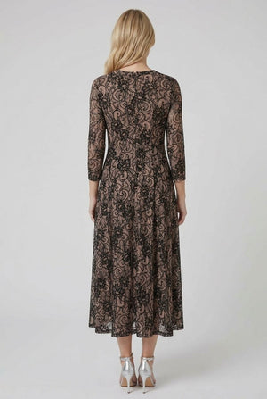 Beige | Floral Texture 3/4 Sleeve Midi Dress