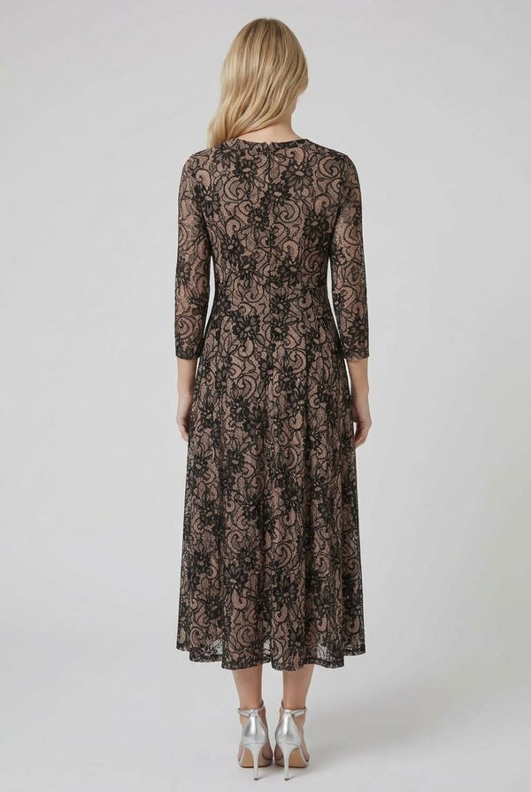 Beige | Floral Texture 3/4 Sleeve Midi Dress