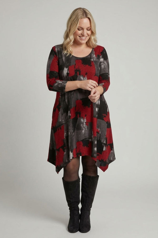 Red | Curve Abstract 3/4 Sleeve Midi Dress