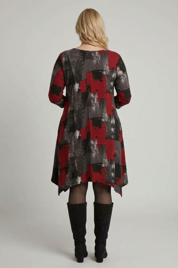 Red | Curve Abstract 3/4 Sleeve Midi Dress