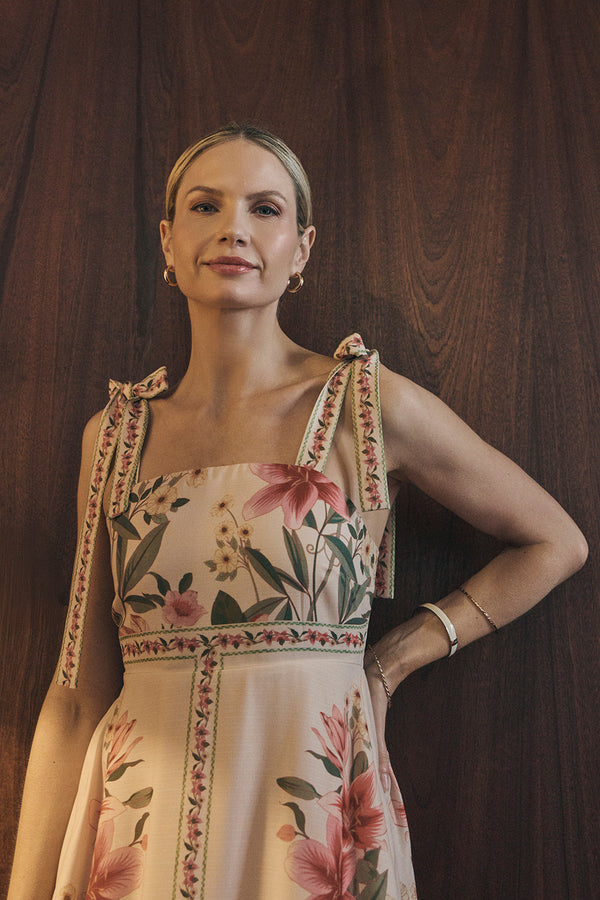 Beige | Floral Border Print Tie Strap Midi Dress : Model is 5'10"/178 cm and wears UK10/EU38/US6/AUS10