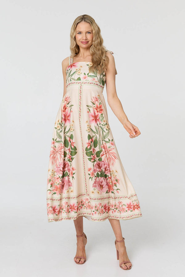Beige | Floral Border Print Tie Strap Midi Dress : Model is 5'10"/178 cm and wears UK10/EU38/US6/AUS10