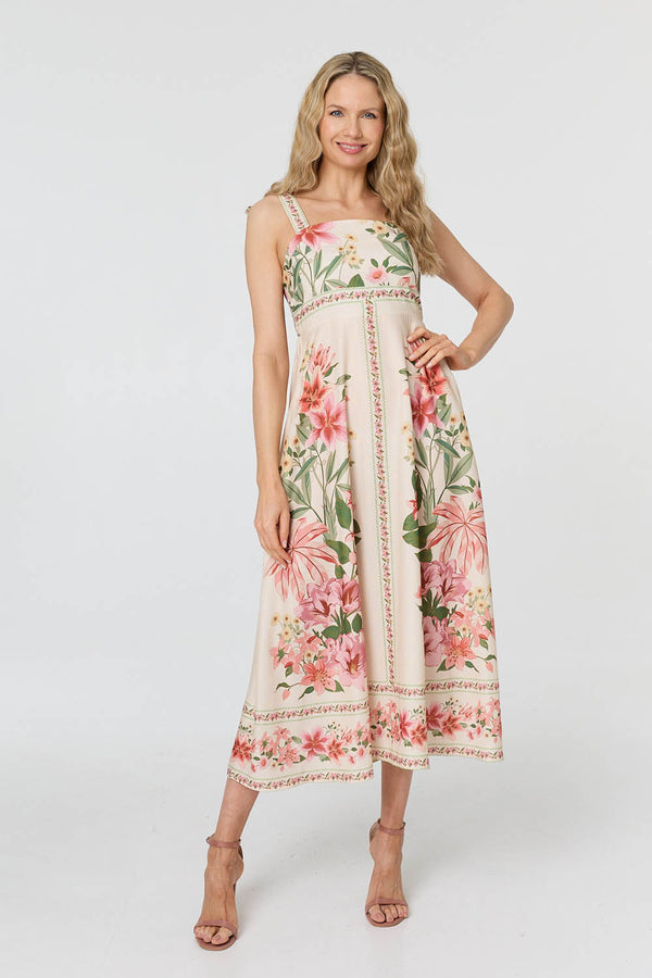 Beige | Floral Border Print Tie Strap Midi Dress
