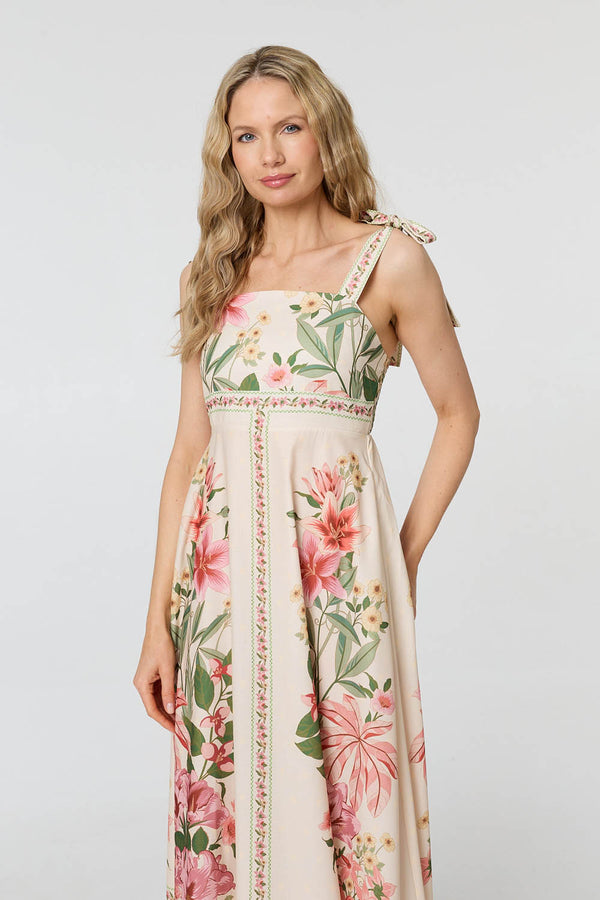 Beige | Floral Border Print Tie Strap Midi Dress
