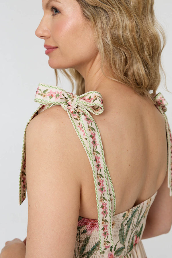 Beige | Floral Border Print Tie Strap Midi Dress
