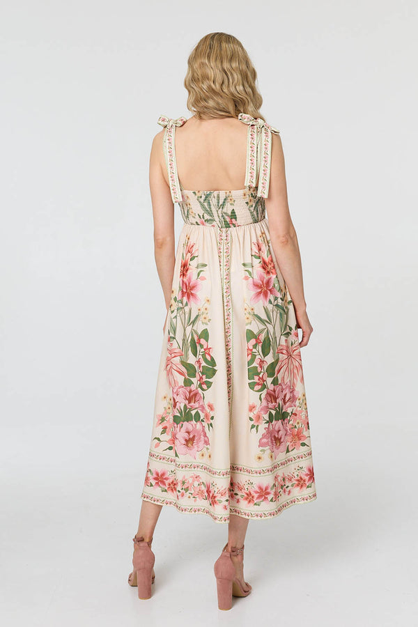 Beige | Floral Border Print Tie Strap Midi Dress
