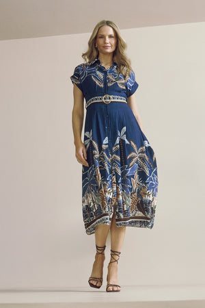 Navy | Tropical Print Belted Midi Shirt Dress : Model is 5'10