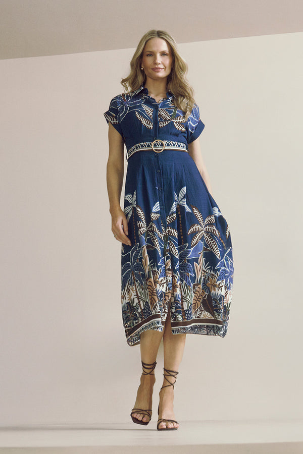 Navy | Tropical Print Belted Midi Shirt Dress : Model is 5'10"/178 cm and wears UK10/EU38/US6/AUS10
