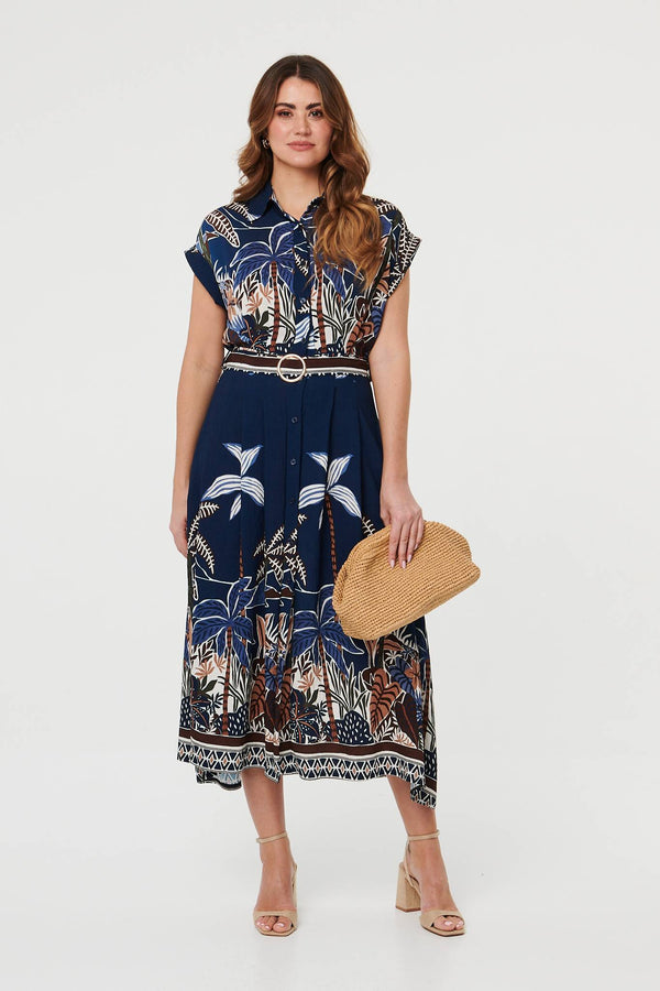 Navy | Tropical Print Belted Midi Shirt Dress : Model is 5'9"/175 cm and wears UK10/EU38/US6/AUS10
