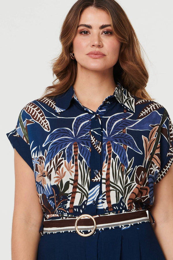Navy | Tropical Print Belted Midi Shirt Dress
