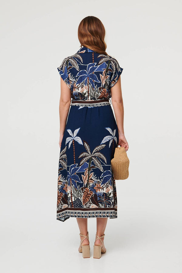 Navy | Tropical Print Belted Midi Shirt Dress
