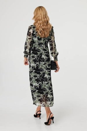 Green | Abstract Long Sleeve Layered Maxi Dress