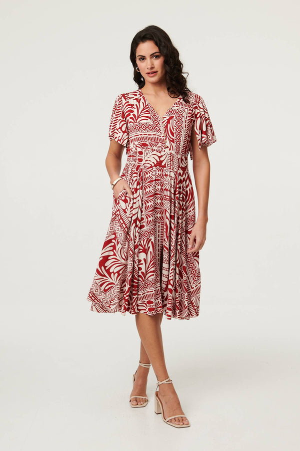 Red | Abstract Print Angel Sleeve Midi Dress
