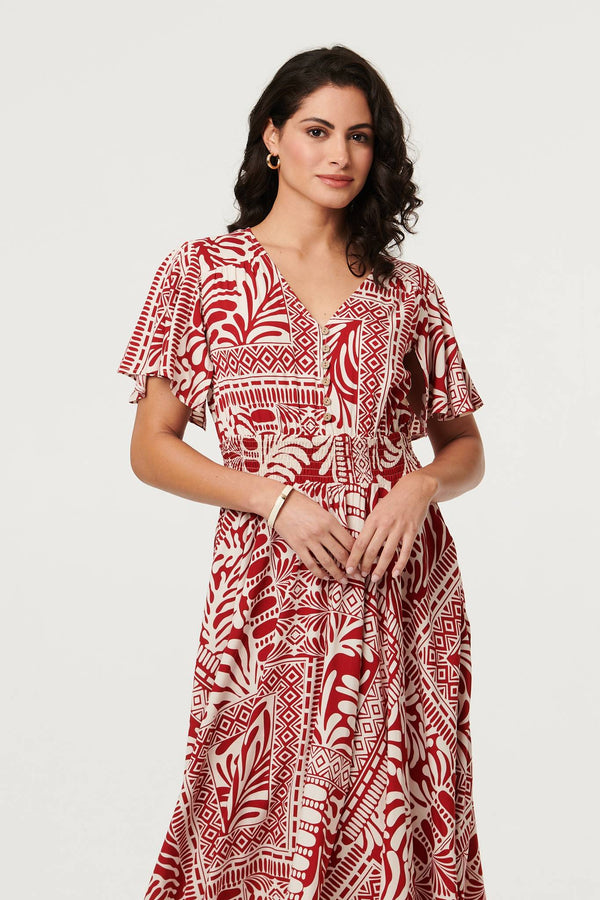 Red | Abstract Print Angel Sleeve Midi Dress
