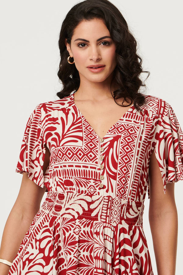 Red | Abstract Print Angel Sleeve Midi Dress