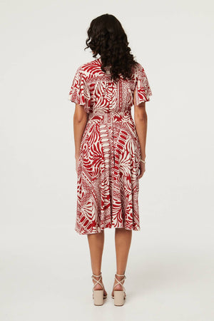 Red | Abstract Print Angel Sleeve Midi Dress
