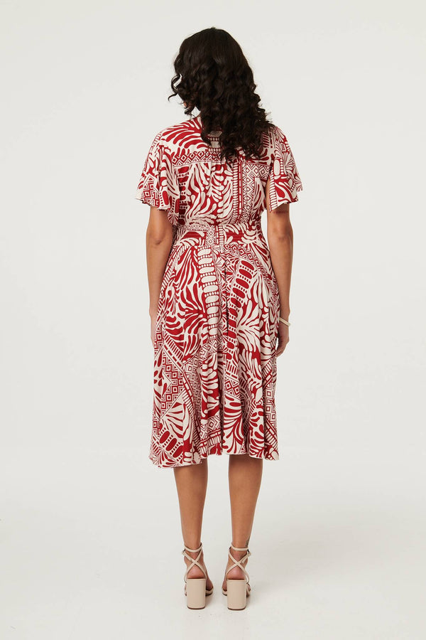 Red | Abstract Print Angel Sleeve Midi Dress