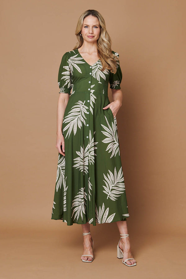Green | Leaf Print Puff Sleeve V-Neck Maxi Dress