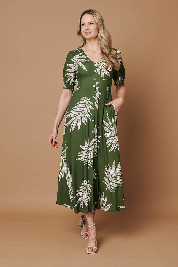Green | Leaf Print Puff Sleeve V-Neck Maxi Dress