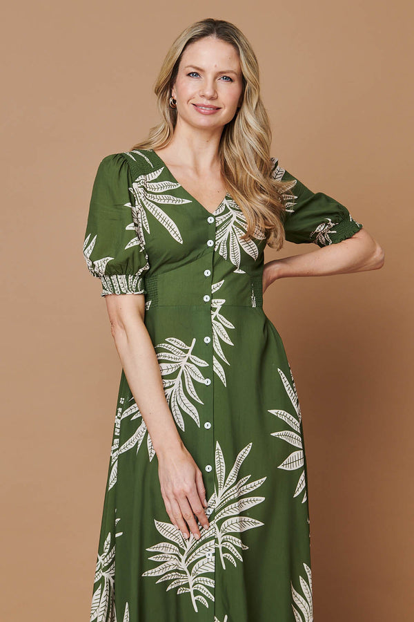 Green | Leaf Print Puff Sleeve V-Neck Maxi Dress