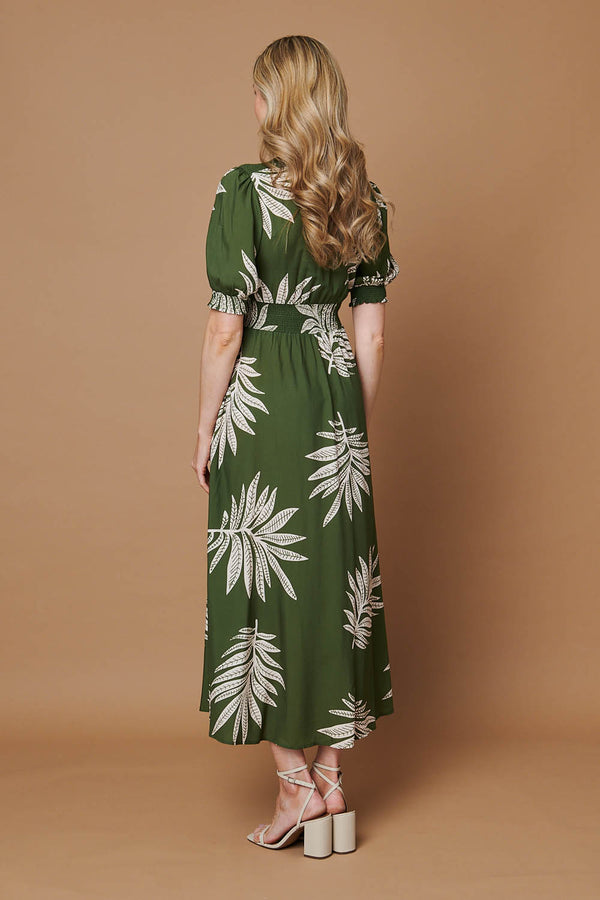Green | Leaf Print Puff Sleeve V-Neck Maxi Dress