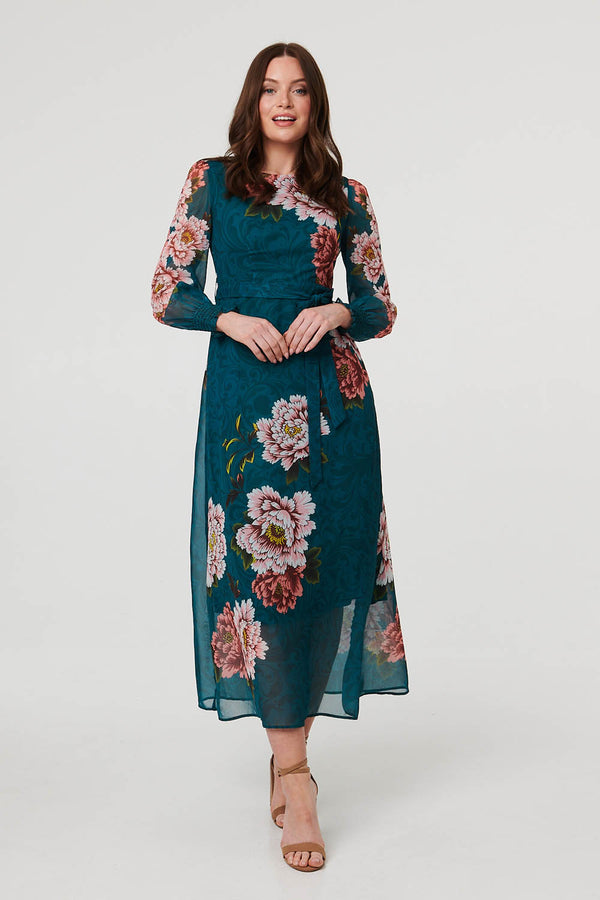 Green | Floral Semi Sheer Layer Midi Dress