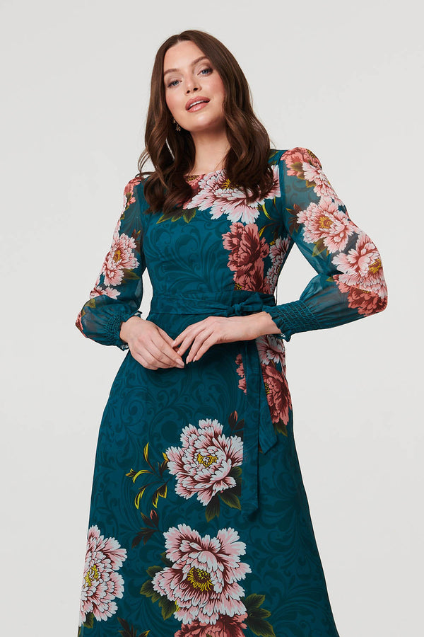 Green | Floral Semi Sheer Layer Midi Dress