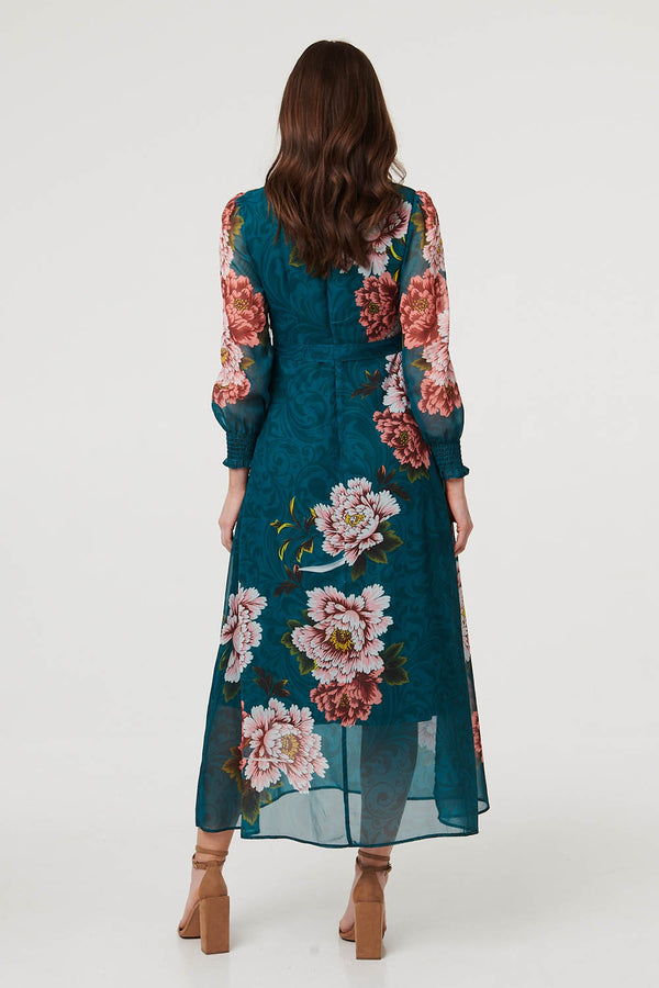 Green | Floral Semi Sheer Layer Midi Dress