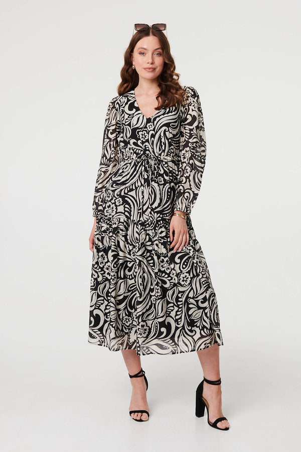 Black | Printed Layered Long Sleeve Maxi Dress
