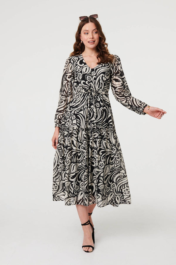Black | Printed Layered Long Sleeve Maxi Dress
