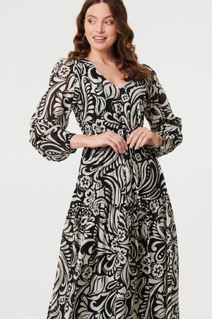 Black | Printed Layered Long Sleeve Maxi Dress
