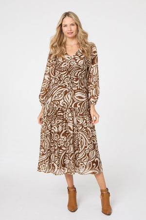 Brown | Printed Layered Long Sleeve Maxi Dress : Model is 5'10