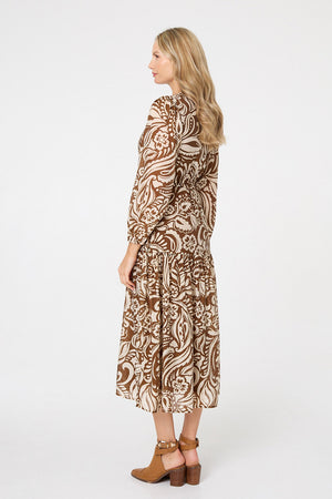 Brown | Printed Layered Long Sleeve Maxi Dress
