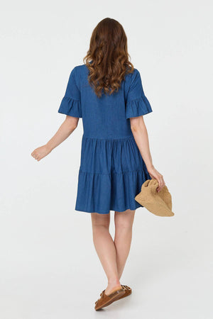 Blue | Flared 1/2 Sleeve Tiered Midi Dress