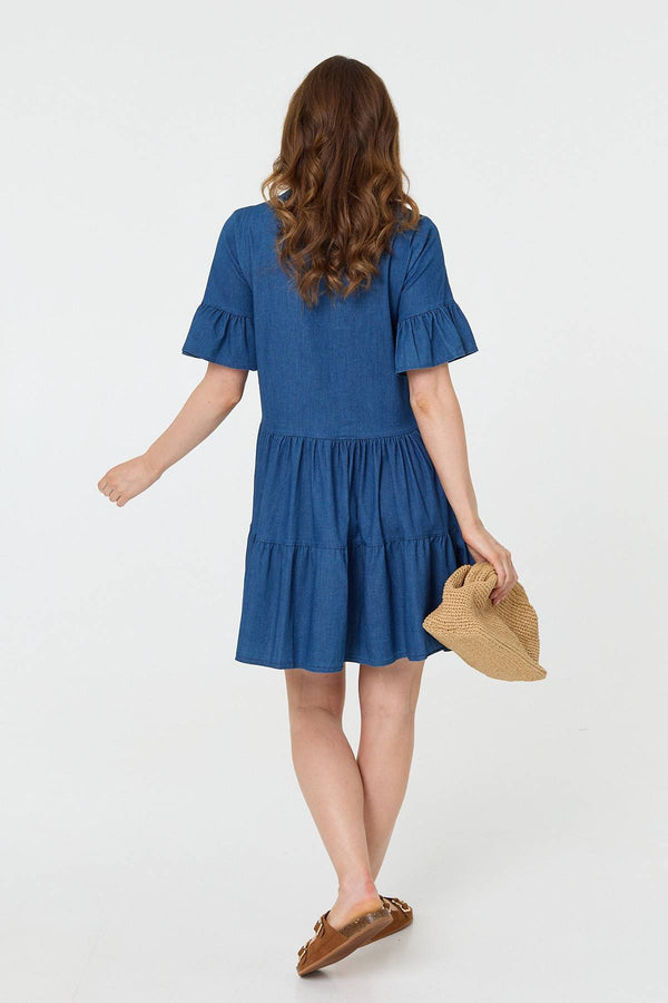 Blue | Flared 1/2 Sleeve Tiered Midi Dress