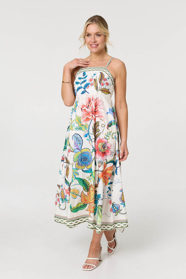 White | Tropical Print Cami Strap Maxi Dress
