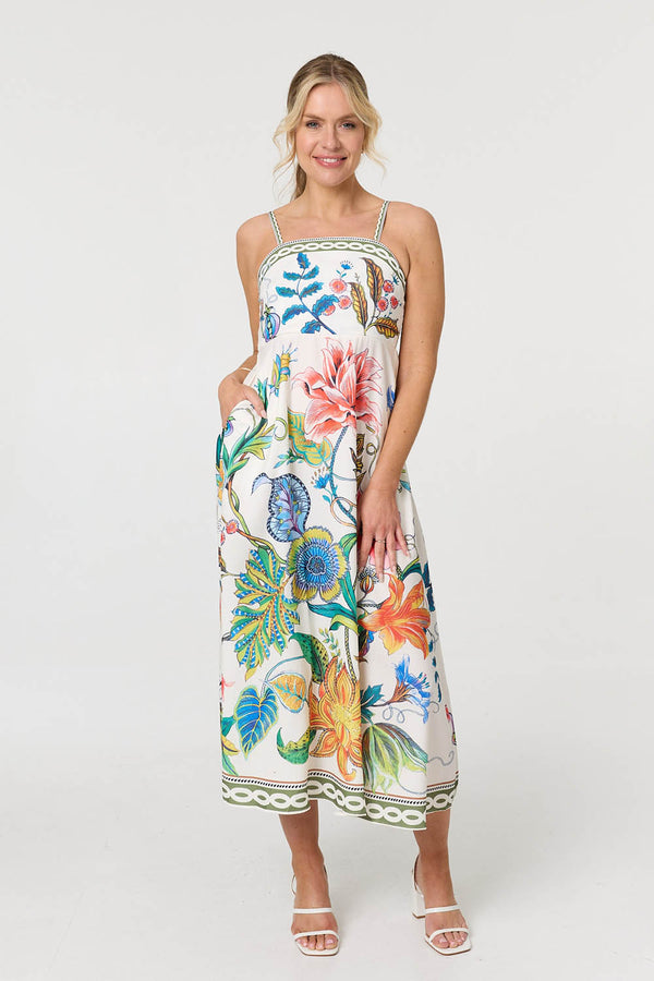 White | Tropical Print Cami Strap Maxi Dress