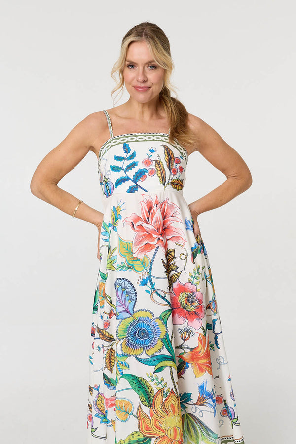 White | Tropical Print Cami Strap Maxi Dress